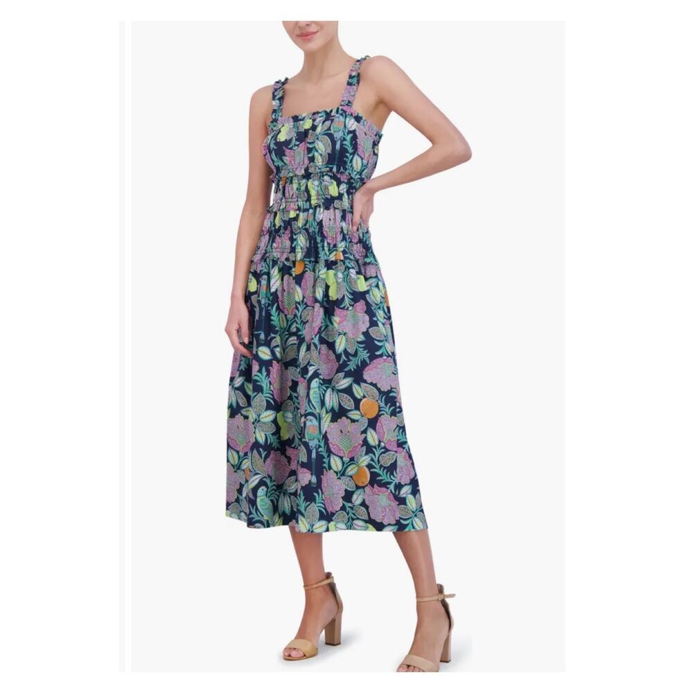 Eliza J Blue Floral Smocked Midi Sun Dress Sz.14 NWT